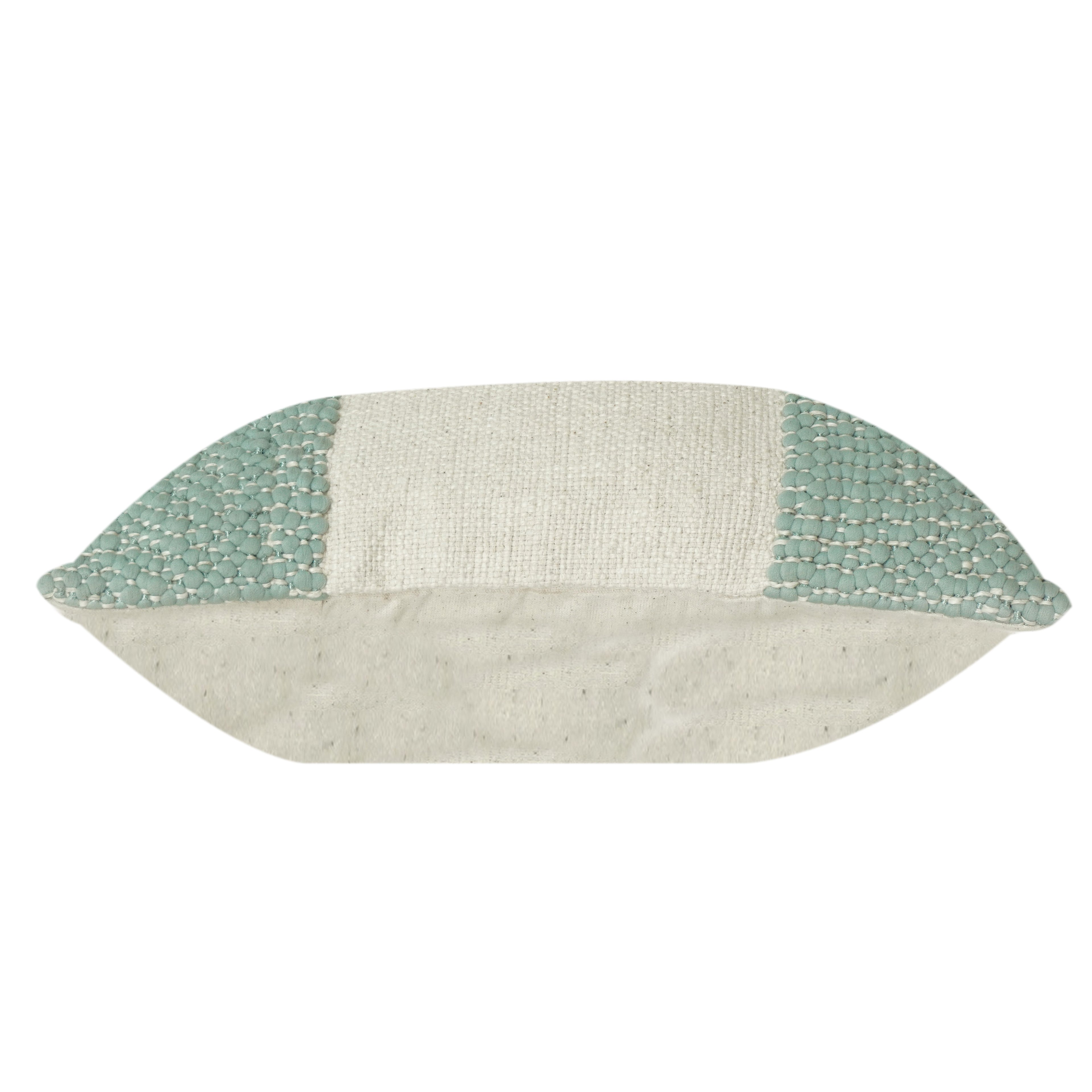 Mint Textured Woven Cotton & polyester Cushion Cover with Neutral Panel | Modern Minimalist Accent Pillow | 18x18 Inch