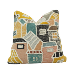 Handmade Embroidered Village House Cushion Cover – 45x45 cm | Artistic Cotton Throw Pillow Cover