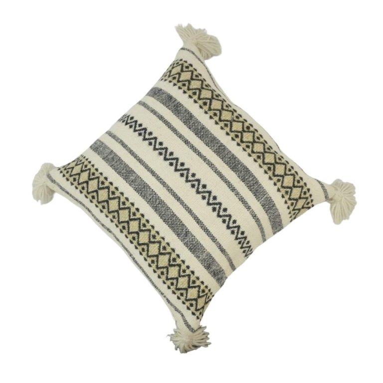 Handmade Cotton Tassel Cushion Cover 45x45 cm | Black & Natural Boho Geometric Woven Pillow Cover - Bulk manufacturer & supplier from Panipat, India