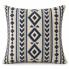 Ivory square cushion cover with navy indigo geometric stripes, diamonds and tribal-style motifs