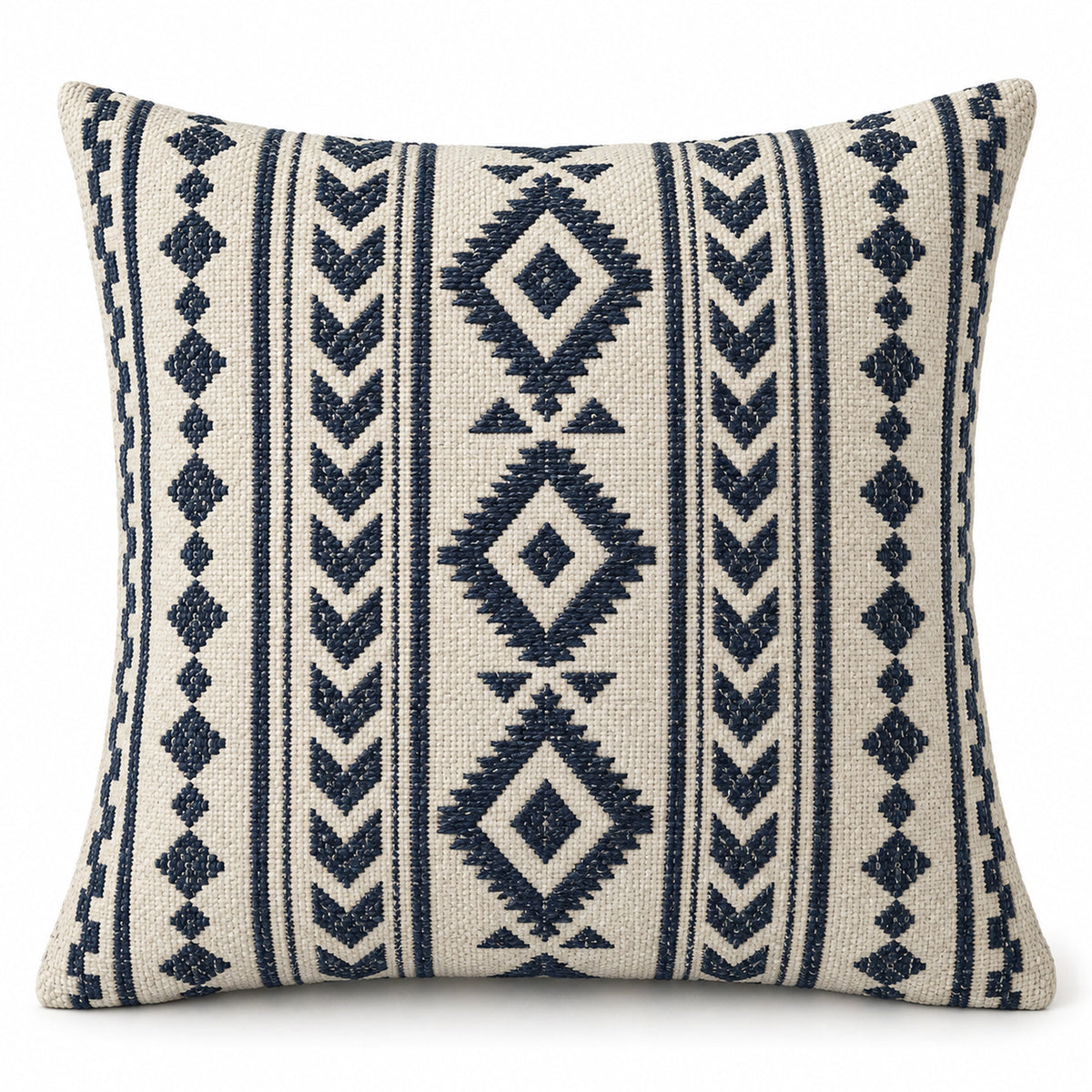 Ivory square cushion cover with navy indigo geometric stripes, diamonds and tribal-style motifs