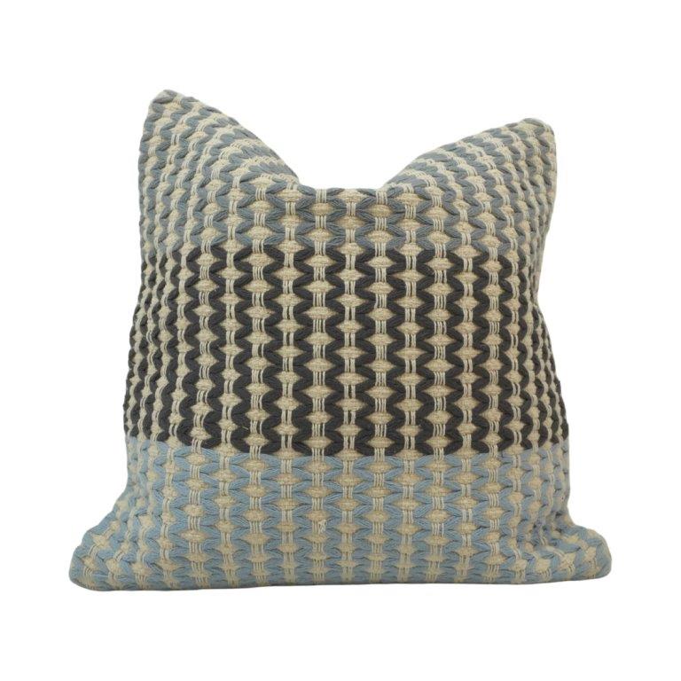 Handmade Woven Cotton Cushion Cover 45x45 cm | Textured Geometric Pattern in Blue & Grey