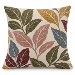 Square cushion cover with oversized botanical leaf shapes in sage green, dusty pink and rust