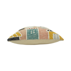Handmade Embroidered Village House Cushion Cover – 45x45 cm | Artistic Cotton Throw Pillow Cover