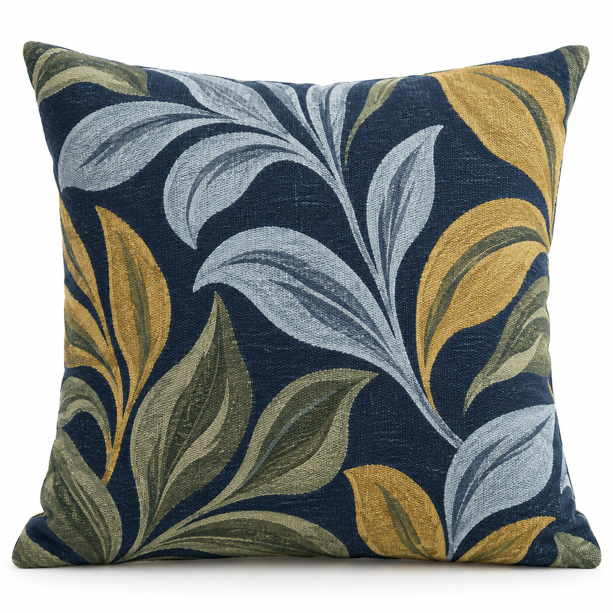 Navy blue square cushion cover with stylized teal, sage green and mustard yellow botanical leaves