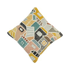 Handmade Embroidered Village House Cushion Cover – 45x45 cm | Artistic Cotton Throw Pillow Cover