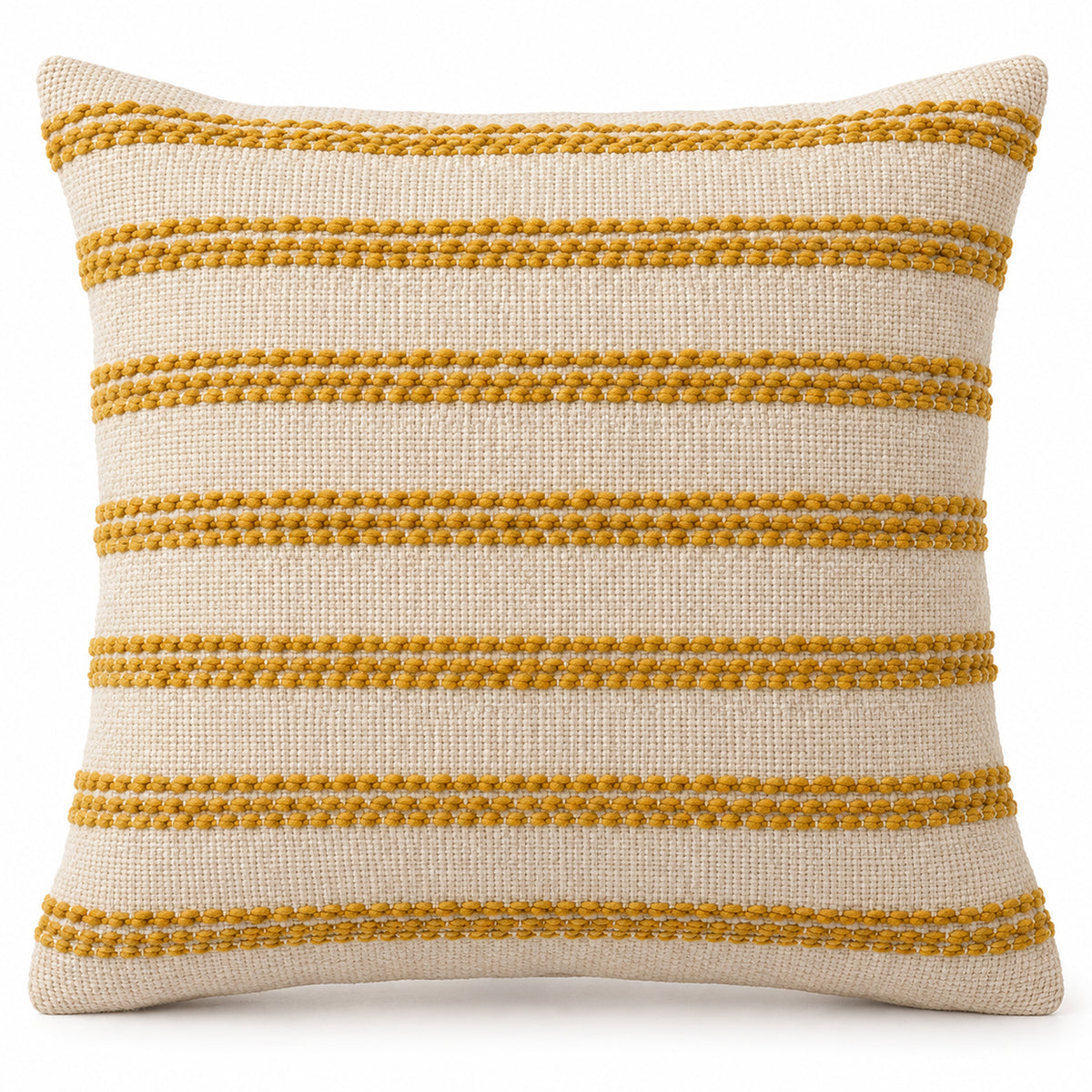 Cream square cushion cover with closely spaced mustard-yellow horizontal stripes and woven-look texture