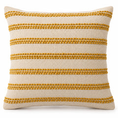 Cream square cushion cover with closely spaced mustard-yellow horizontal stripes and woven-look texture