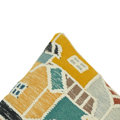 Handmade Embroidered Village House Cushion Cover – 45x45 cm | Artistic Cotton Throw Pillow Cover