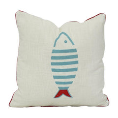 Housse de coussin en coton brodé 45x45 cm – Motif poisson bleu minimaliste avec accent rouge | Housse de coussin décorative thème marin