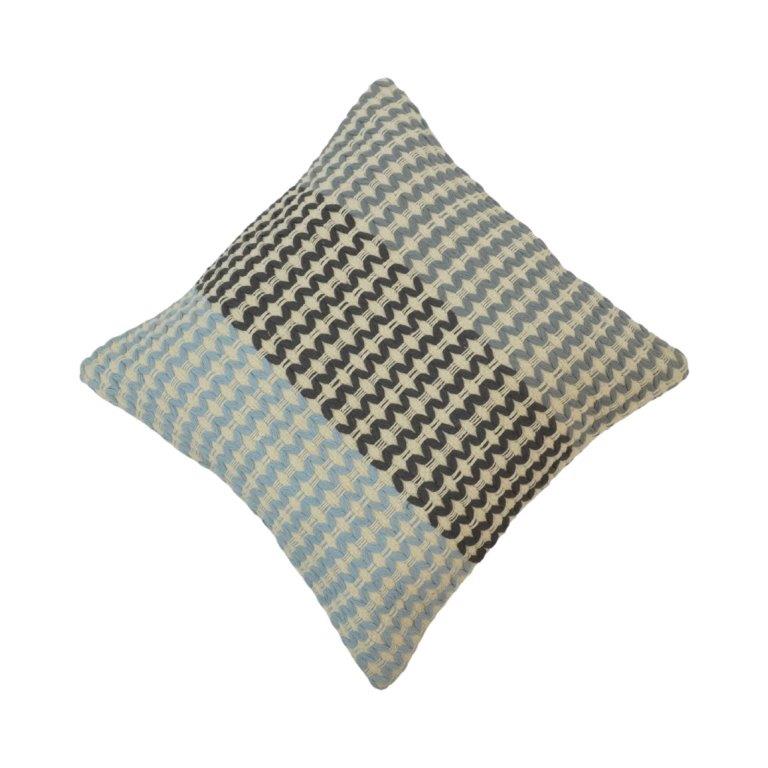 Handmade Woven Cotton Cushion Cover 45x45 cm | Textured Geometric Pattern in Blue & Grey