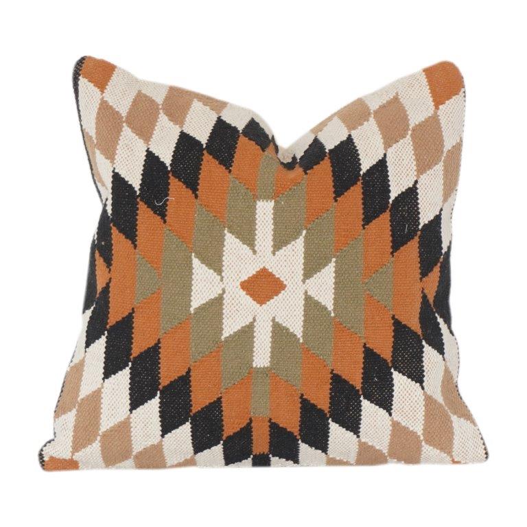 Geometric Diamond Pattern Embroidered Cotton Cushion Cover | Boho Tribal Design | 18x18 Inch Decorative Pillow Case - Bulk manufacturer & supplier from Panipat, India