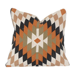 Geometric Diamond Pattern Embroidered Cotton Cushion Cover | Boho Tribal Design | 18x18 Inch Decorative Pillow Case