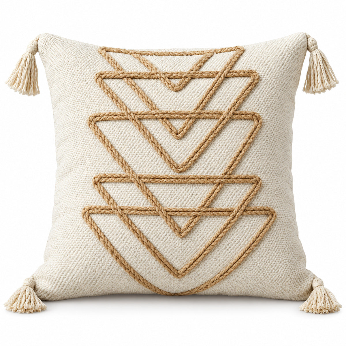 Ivory square cushion with layered mustard tan triangle motifs and tassels at the corners