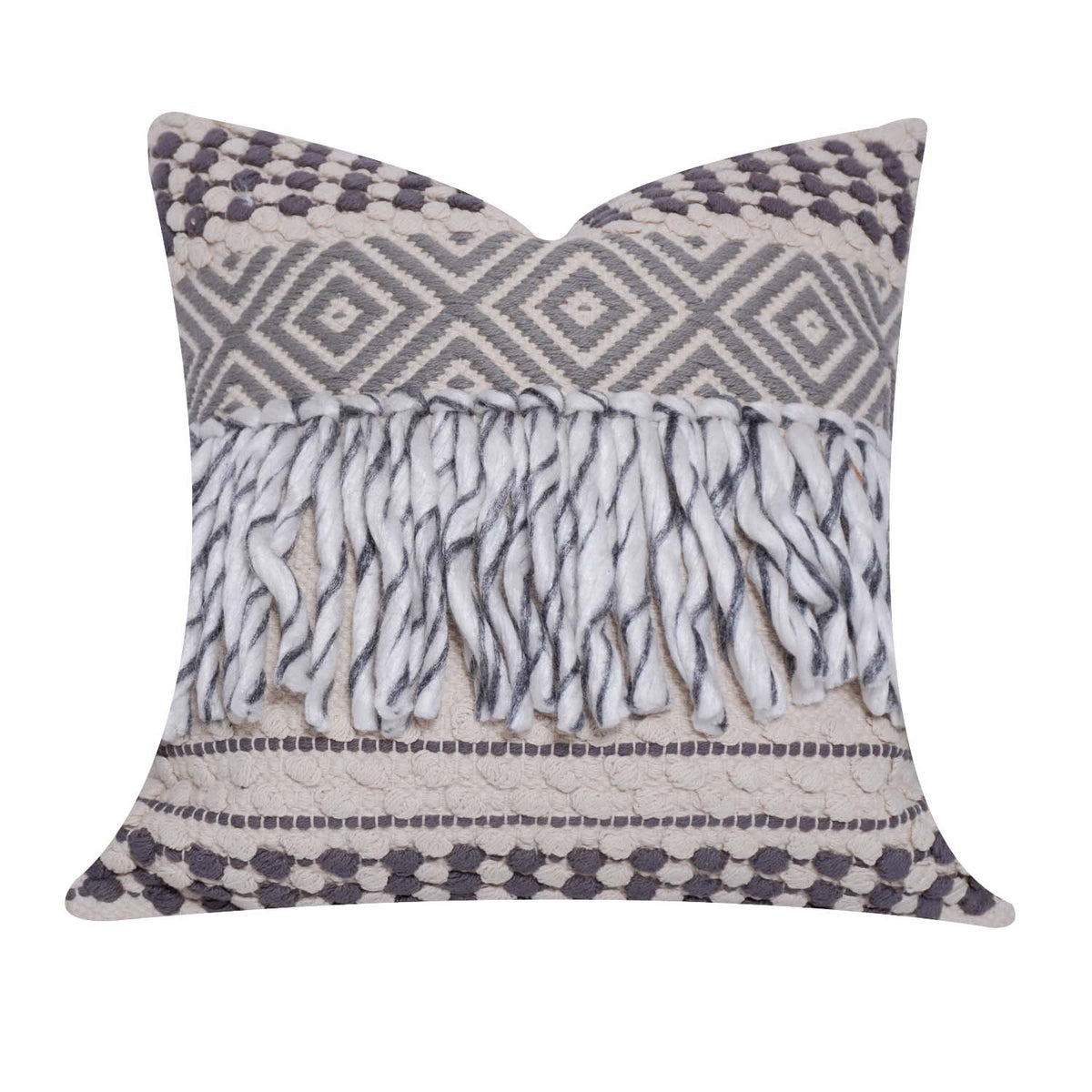 Handwoven Boho Fringe Cushion Cover 45x45 cm | Cotton & Polyester Textured Geometric Throw Pillow Cover | Grey & Ivory Decorative Cushion Cover - Bulk manufacturer & supplier from Panipat, India