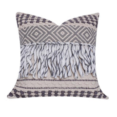 Handwoven Boho Fringe Cushion Cover 45x45 cm | Cotton & Polyester Textured Geometric Throw Pillow Cover | Grey & Ivory Decorative Cushion Cover