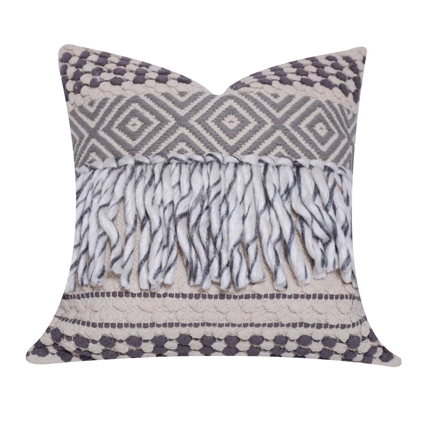 Handwoven Boho Fringe Cushion Cover 45x45 cm | Cotton & Polyester Textured Geometric Throw Pillow Cover | Grey & Ivory Decorative Cushion Cover