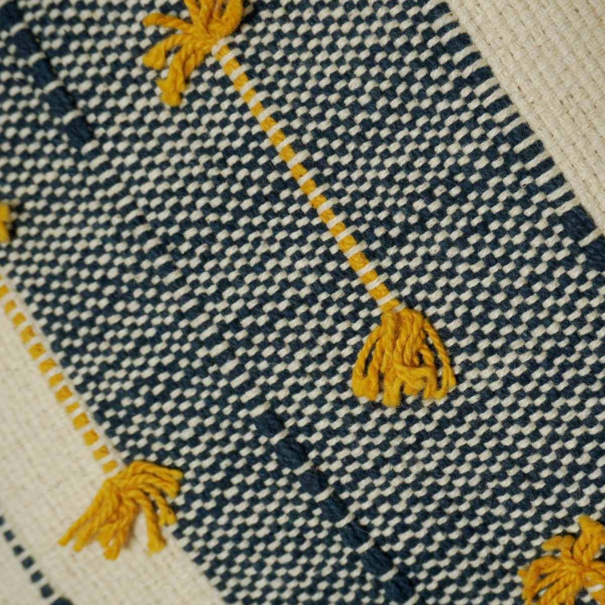 Handwoven Cotton Cushion Cover 45x45 cm | Grey & Ivory Striped with Mustard Tassel Details | Decorative Boho Throw Pillow Cover | Hidden Zipper