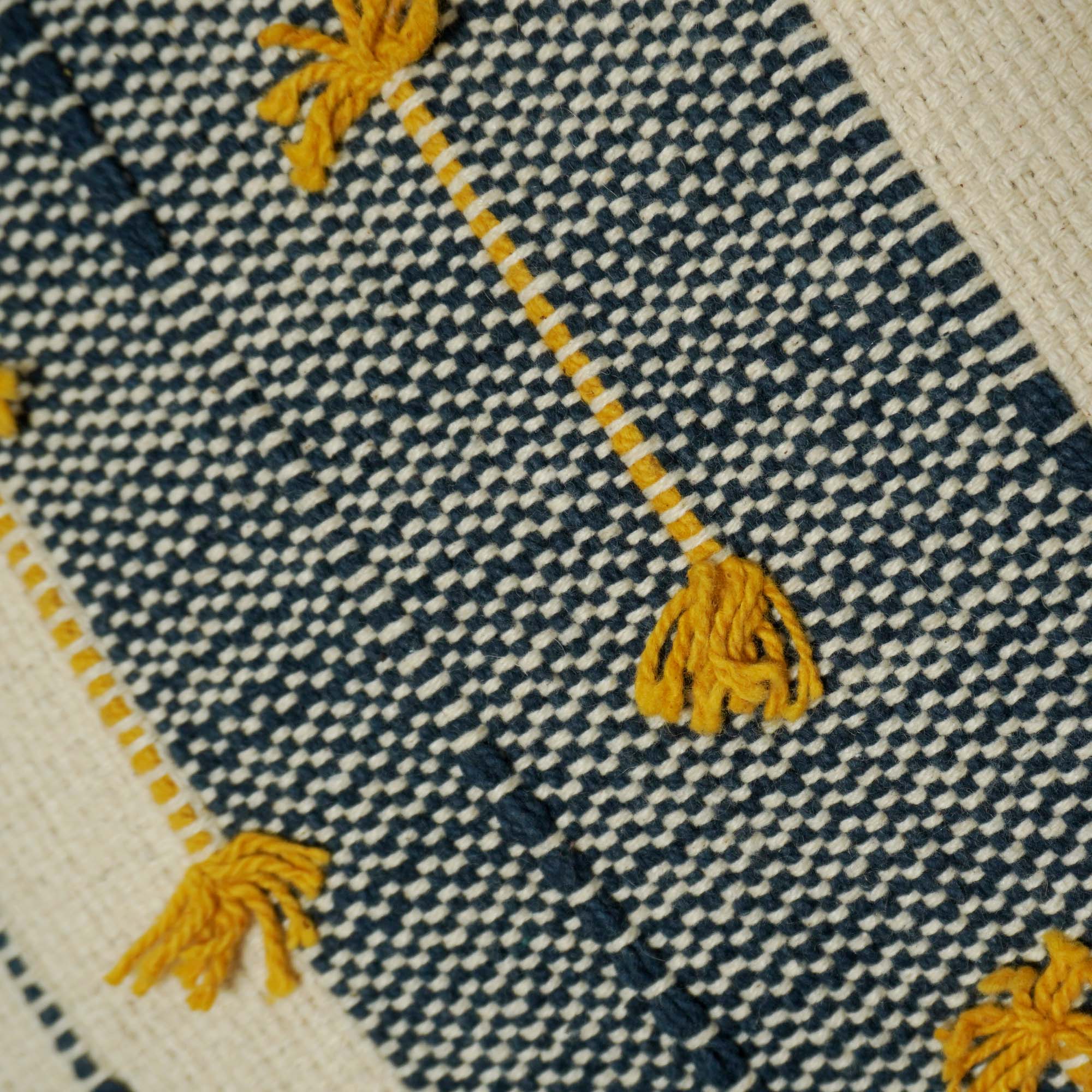 Handwoven Cotton Cushion Cover 45x45 cm | Grey & Ivory Striped with Mustard Tassel Details | Decorative Boho Throw Pillow Cover | Hidden Zipper