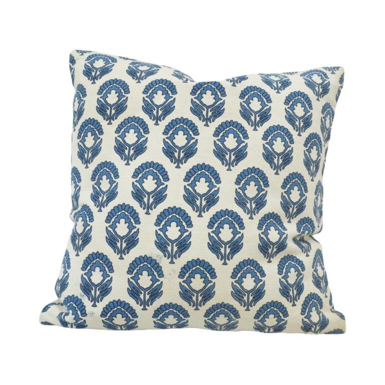 Blue Floral Block Print Cotton Cushion Cover – 45x45 cm | Handcrafted Decorative Throw Pillow Cover