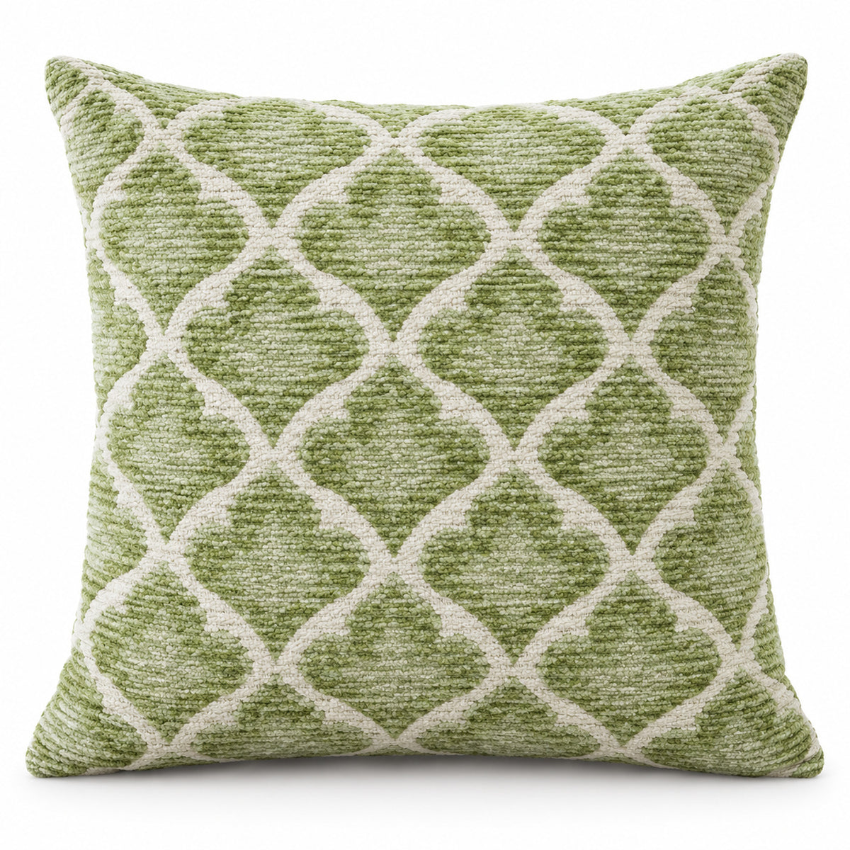 Sage green square cushion with repeating ivory ogee lattice pattern and textured look