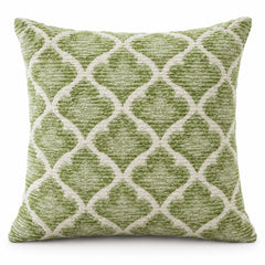 Sage green square cushion with repeating ivory ogee lattice pattern and textured look
