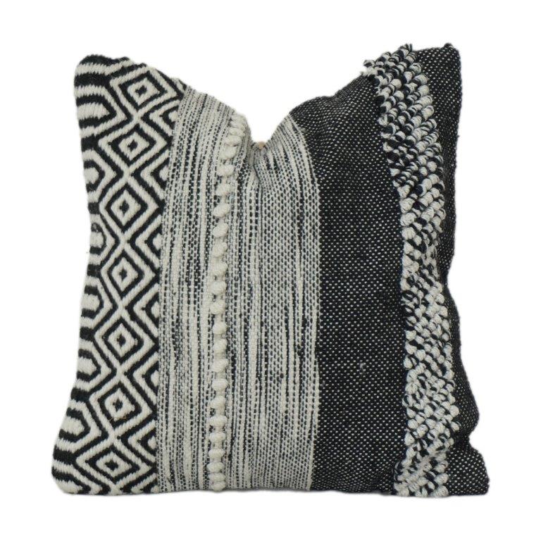 Handwoven Black & Natural Geometric Cotton Cushion Cover | Textured Boho Throw Pillow Cover | 18x18 Inch