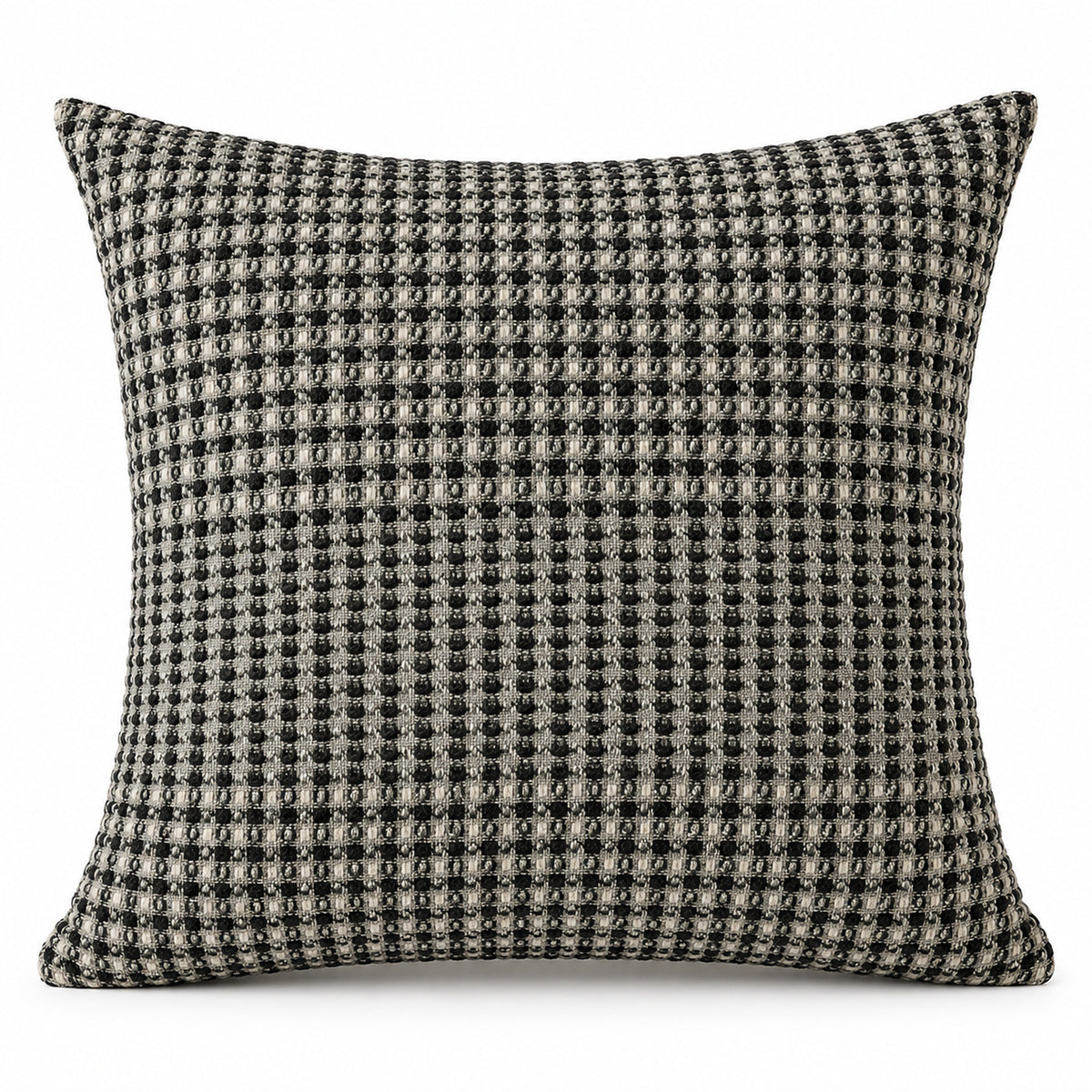 Square cushion with fine black and ivory micro-check geometric pattern