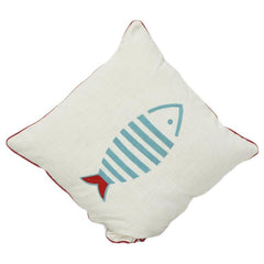 Housse de coussin en coton brodé 45x45 cm – Motif poisson bleu minimaliste avec accent rouge | Housse de coussin décorative thème marin
