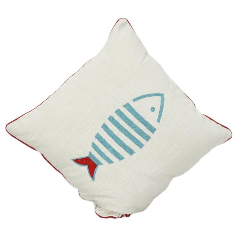 Embroidered Cotton Cushion Cover 45x45 cm – Minimalist Blue Fish Design with Red Accent | Coastal Decorative Pillow Cover