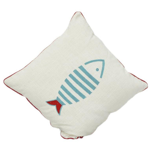 Bestickter Kissenbezug aus Baumwolle 45x45 cm – Minimalistisches Blaues Fischdesign mit Rotem Akzent | Dekorativer Kissenbezug für den Küstenstil