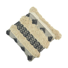 Handwoven Fringe Cotton Cushion Cover | Boho Textured Black & Natural Pillow Cover | 45x45 cm