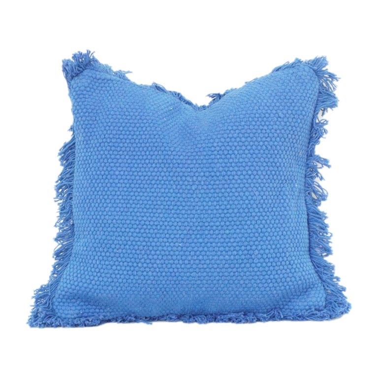 Textured Cotton Cushion Cover with Fringe Edges – Solid Blue Decorative Throw Pillow Cover (18x18 Inch) - Bulk manufacturer & supplier from Panipat, India