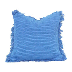 Textured Cotton Cushion Cover with Fringe Edges – Solid Blue Decorative Throw Pillow Cover (18x18 Inch)