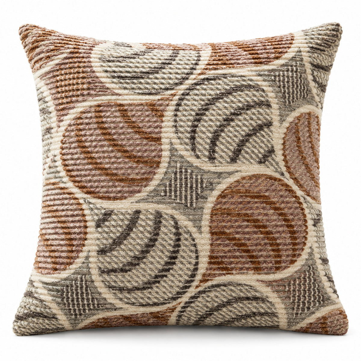 Square cushion with overlapping abstract rust brown taupe and ivory curved circle motifs