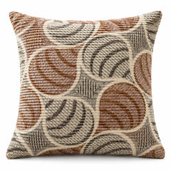 Square cushion with overlapping abstract rust brown taupe and ivory curved circle motifs