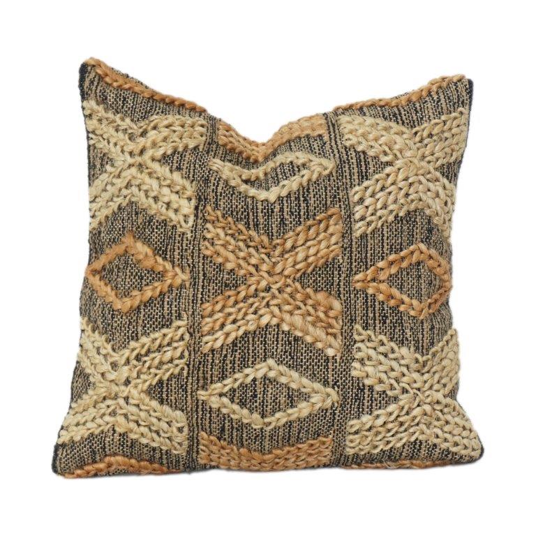 Handwoven Jute Cotton Cushion Cover with Textured Geometric Embroidery | Rustic Boho Throw Pillow Cover | 18x18 Inch - Bulk manufacturer & supplier from Panipat, India