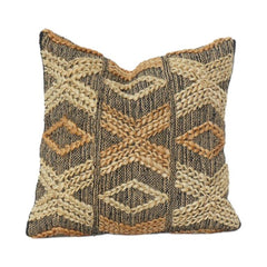 Handwoven Jute Cotton Cushion Cover with Textured Geometric Embroidery | Rustic Boho Throw Pillow Cover | 18x18 Inch