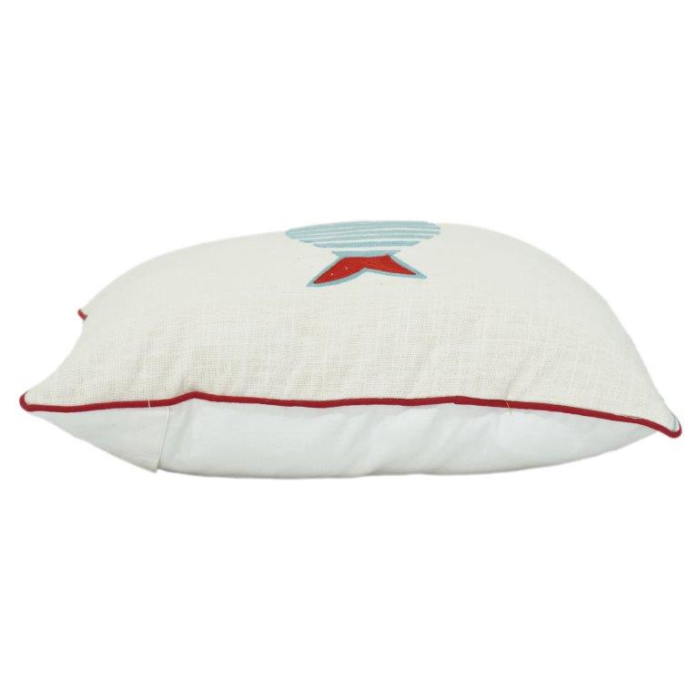 Embroidered Cotton Cushion Cover 45x45 cm – Minimalist Blue Fish Design with Red Accent | Coastal Decorative Pillow Cover