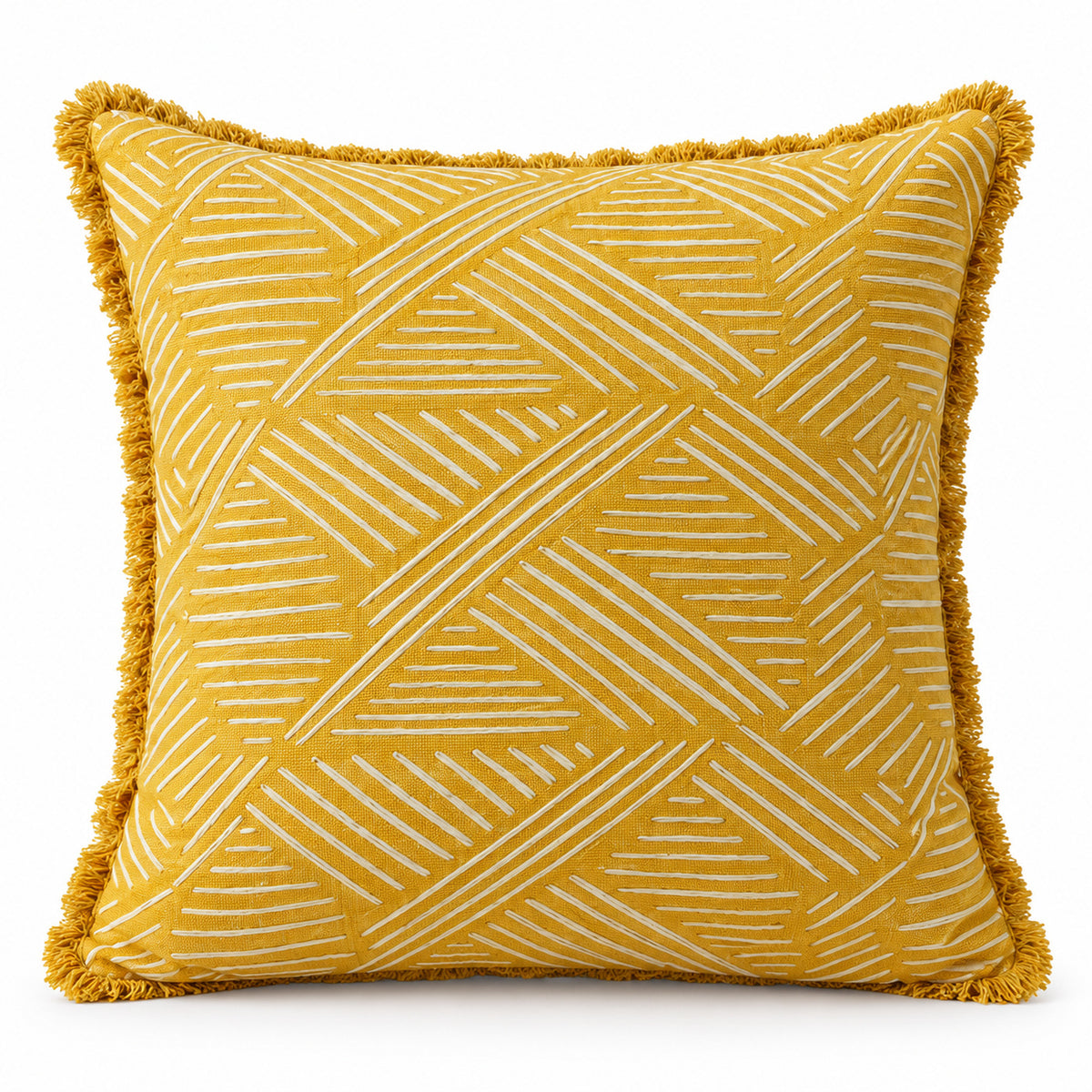 Mustard yellow square cushion with diagonal ivory line pattern and matching fringe border