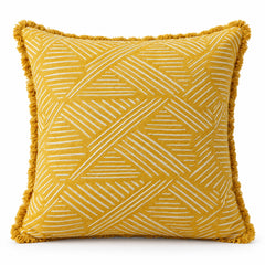 Mustard yellow square cushion with diagonal ivory line pattern and matching fringe border