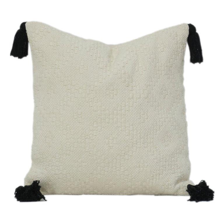 Handmade Textured Cotton Cushion Cover with Tassels – 45x45 cm | Minimal Boho Decorative Pillow