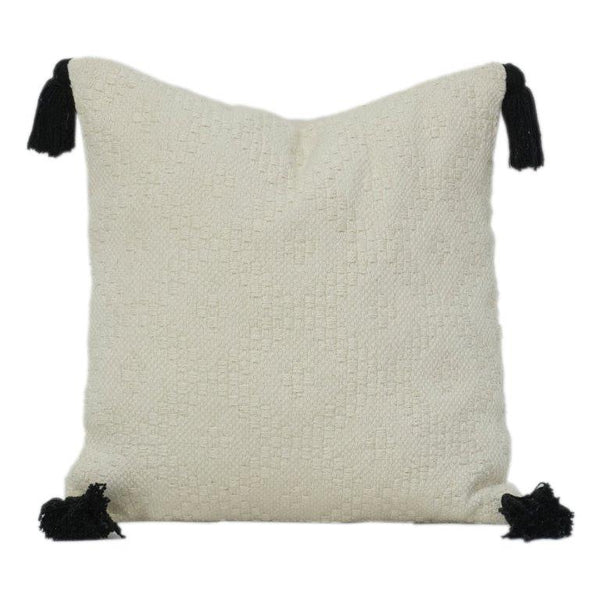 Housse de coussin en coton texturé fait main avec pompons – 45x45 cm | Oreiller décoratif bohème minimaliste