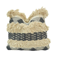 Handwoven Fringe Cotton Cushion Cover | Boho Textured Black & Natural Pillow Cover | 45x45 cm