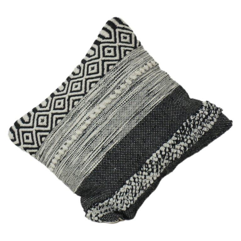 Handwoven Black & Natural Geometric Cotton Cushion Cover | Textured Boho Throw Pillow Cover | 18x18 Inch