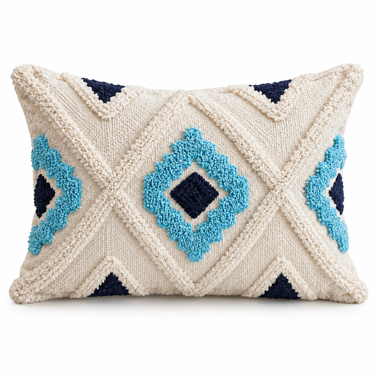 Ivory square cushion with raised looking turquoise and navy blue geometric diamond motifs