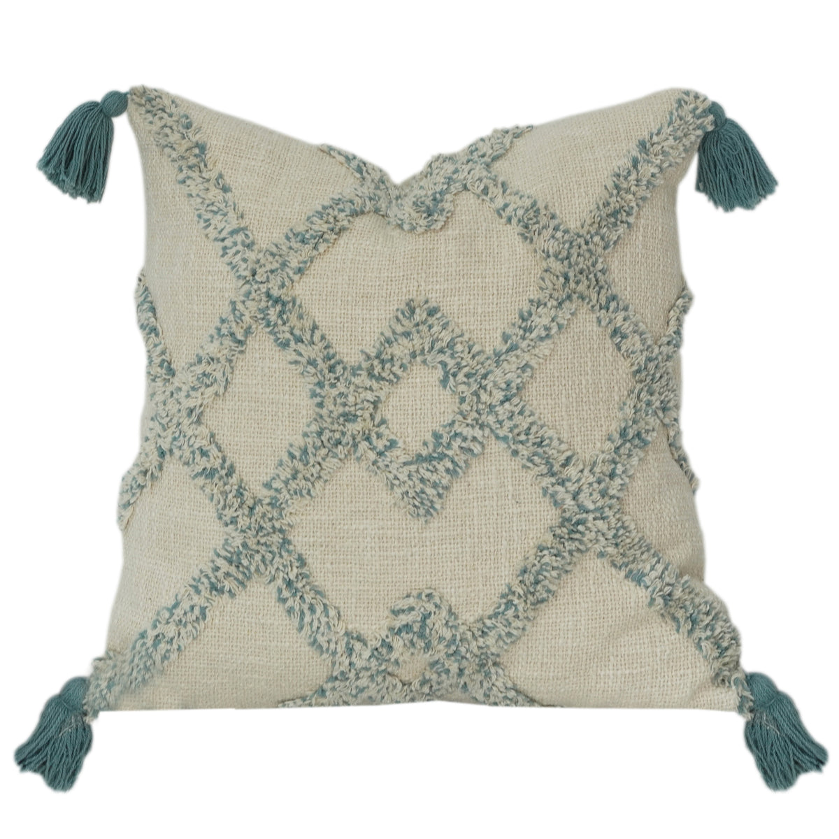 Kissenbezug aus getufteter, elfenbeinfarbener Baumwolle mit türkis/aquafarbenem geometrischem Gittermuster | Texturierter getufteter Dekokissenbezug (45x45 cm) - Bulk manufacturer & supplier from Panipat, India