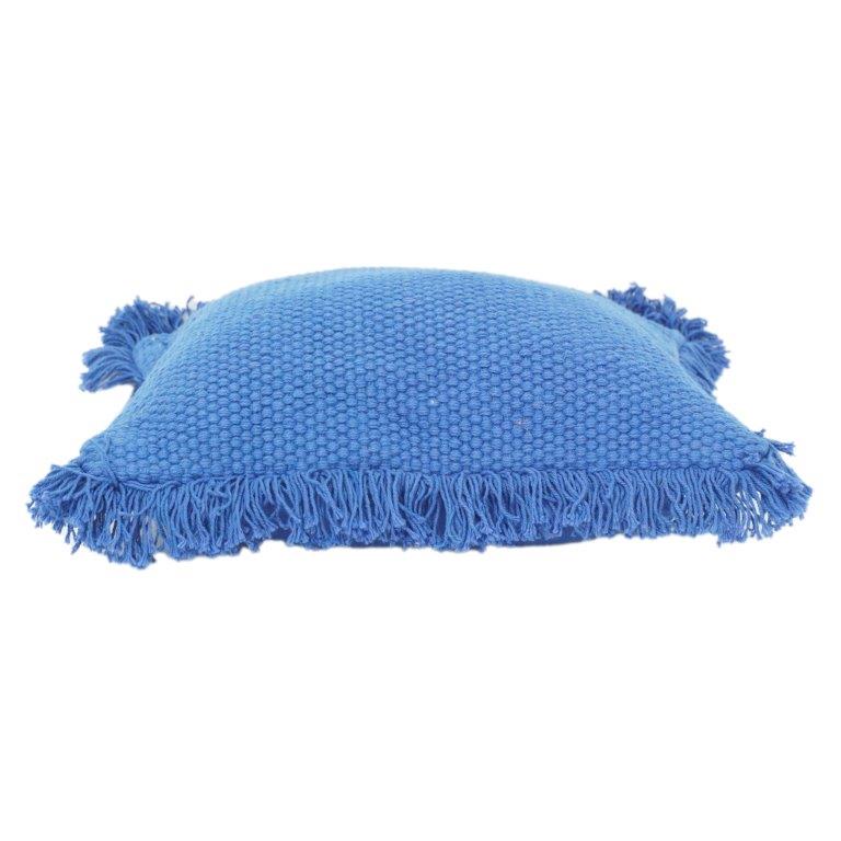 Textured Cotton Cushion Cover with Fringe Edges – Solid Blue Decorative Throw Pillow Cover (18x18 Inch) - Bulk manufacturer & supplier from Panipat, India