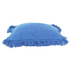 Textured Cotton Cushion Cover with Fringe Edges – Solid Blue Decorative Throw Pillow Cover (18x18 Inch)