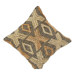 Handwoven Jute Cotton Cushion Cover with Textured Geometric Embroidery | Rustic Boho Throw Pillow Cover | 18x18 Inch
